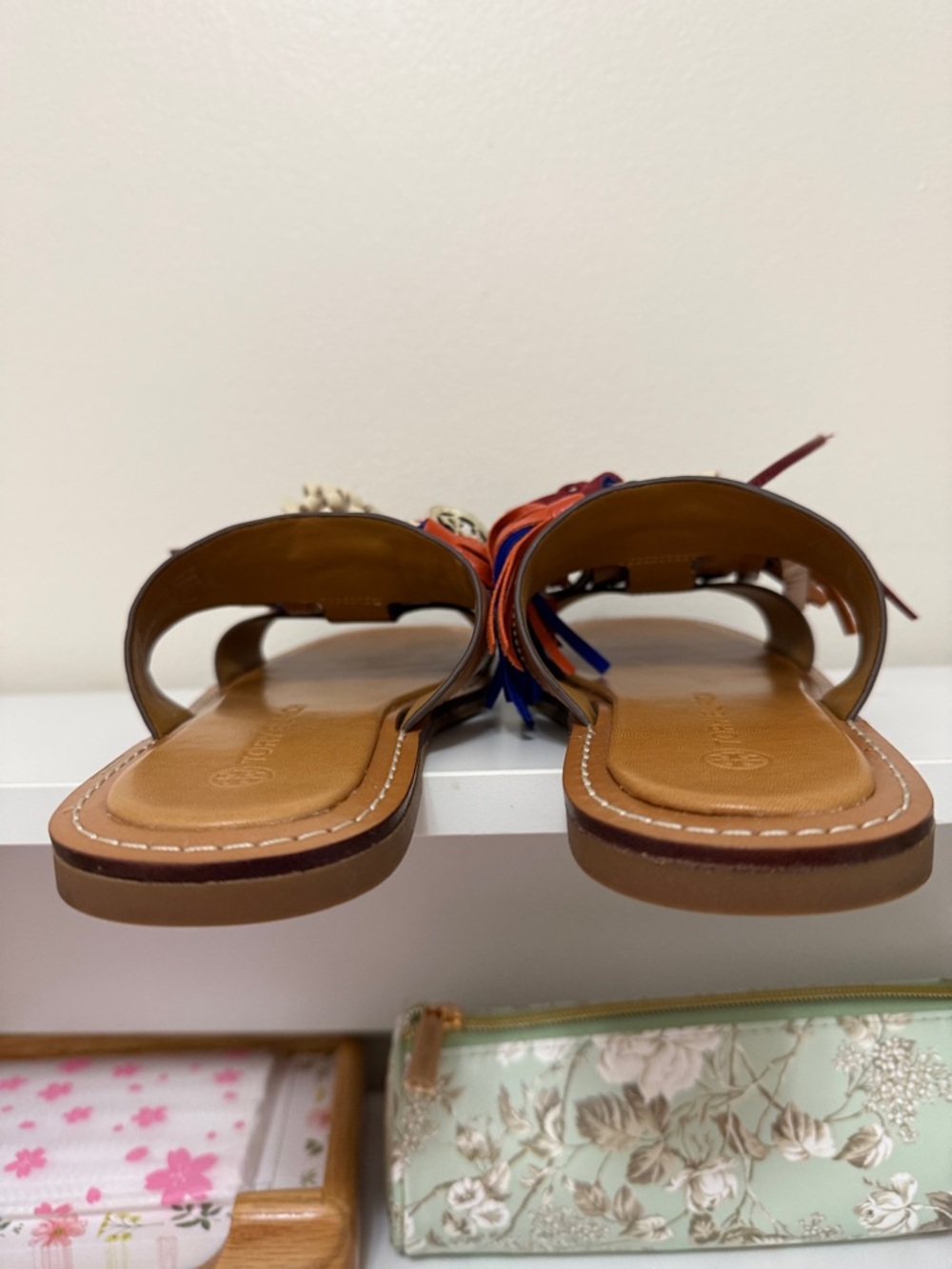 Tory Burch Tan Leather Tassel Slide Sandals with Multicolor Fringe - Picture 10 of 11